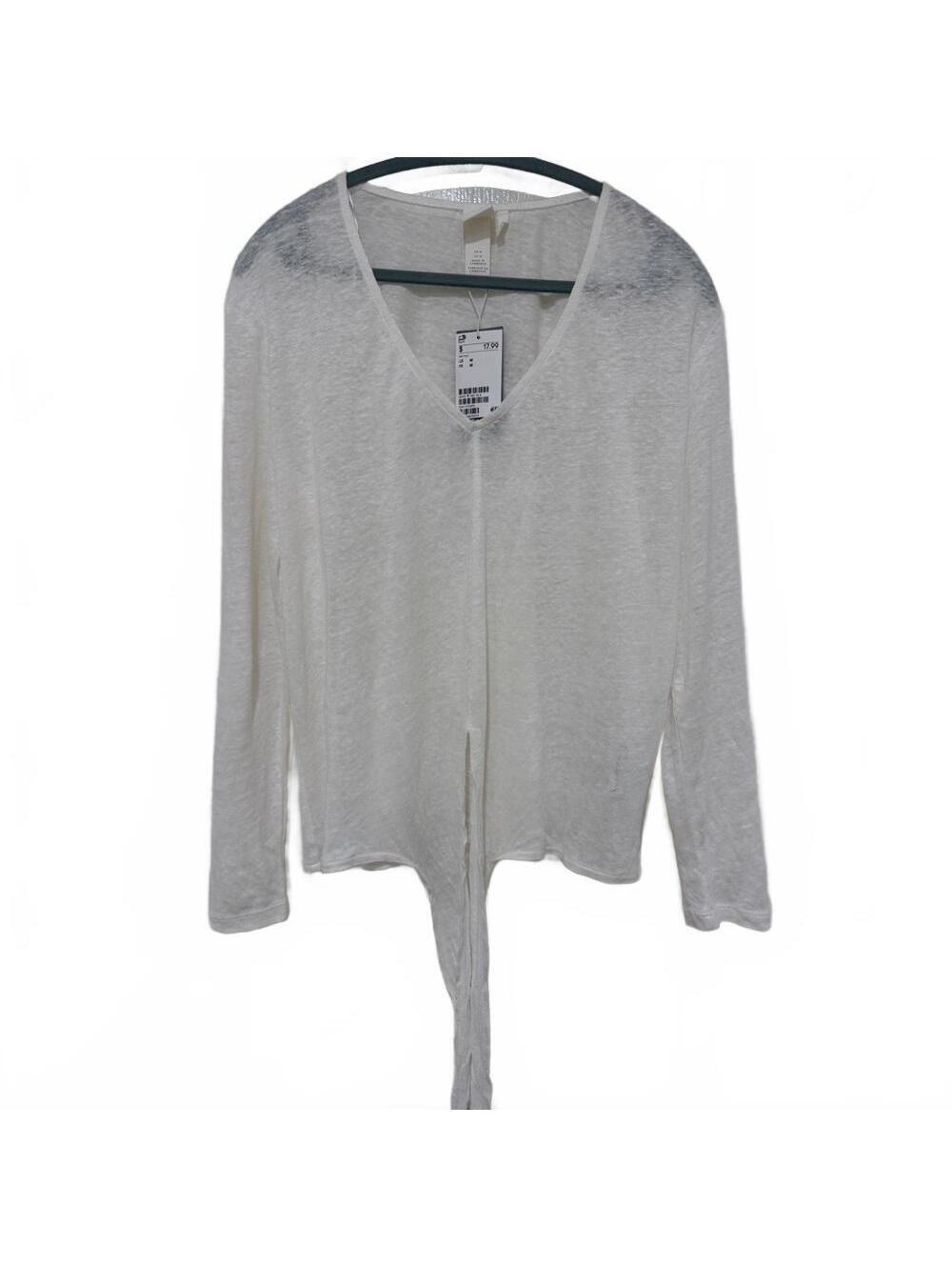 H&M Linen Blend Long Sleeve Tie Front Shirt Cream Lightweight NWT Size M